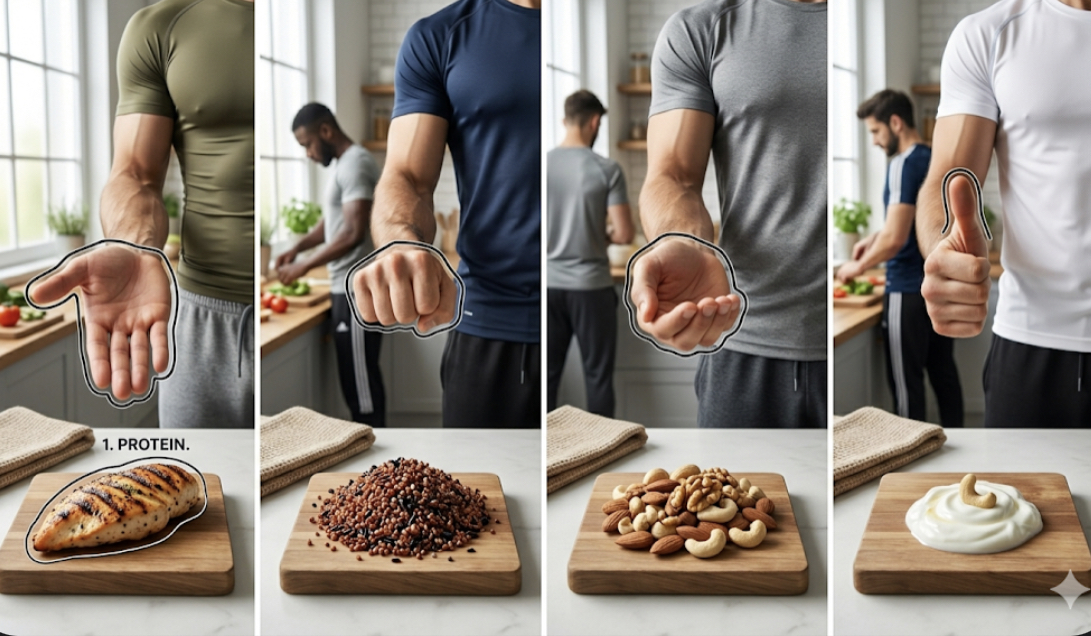 Hand portion guide demonstration for counting calories without apps showing palm protein, fist vegetables, cupped hand carbohydrates, thumb fats