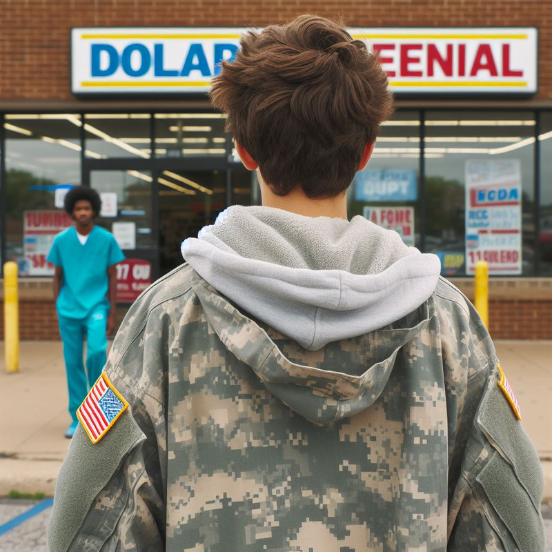 Sam in front of the Dollar General in Wills Coat.