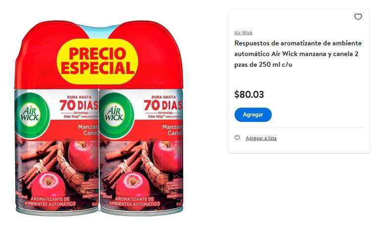 Walmart: Respuestos de aromatizante de ambiente automático Air Wick manzana y canela 2 pzas de 250 ml c/u 
