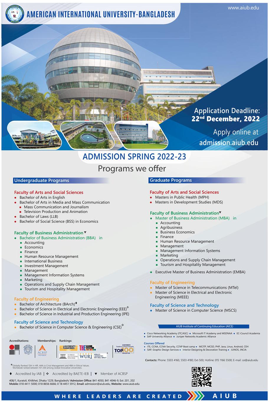 American International University Bangladesh (AIUB) Admission Circular 2022 