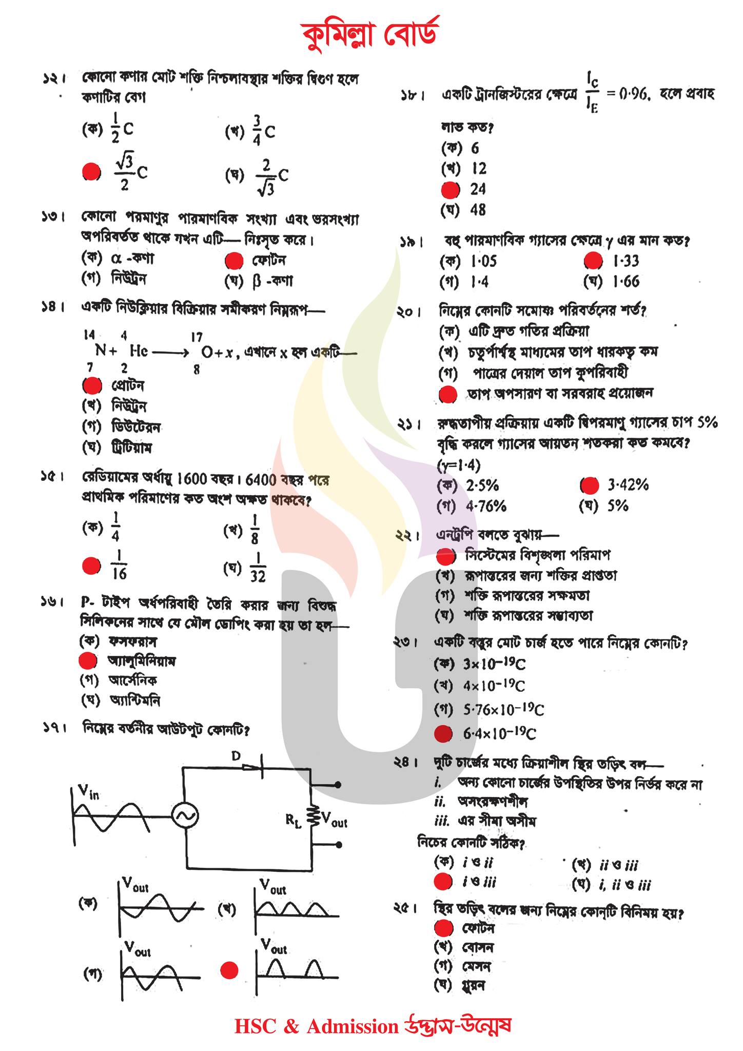 কুমিল্লা বোর্ড এইচএসসি পদার্থবিজ্ঞান ২য় পত্র MCQ প্রশ্ন সমাধান ২০২৩