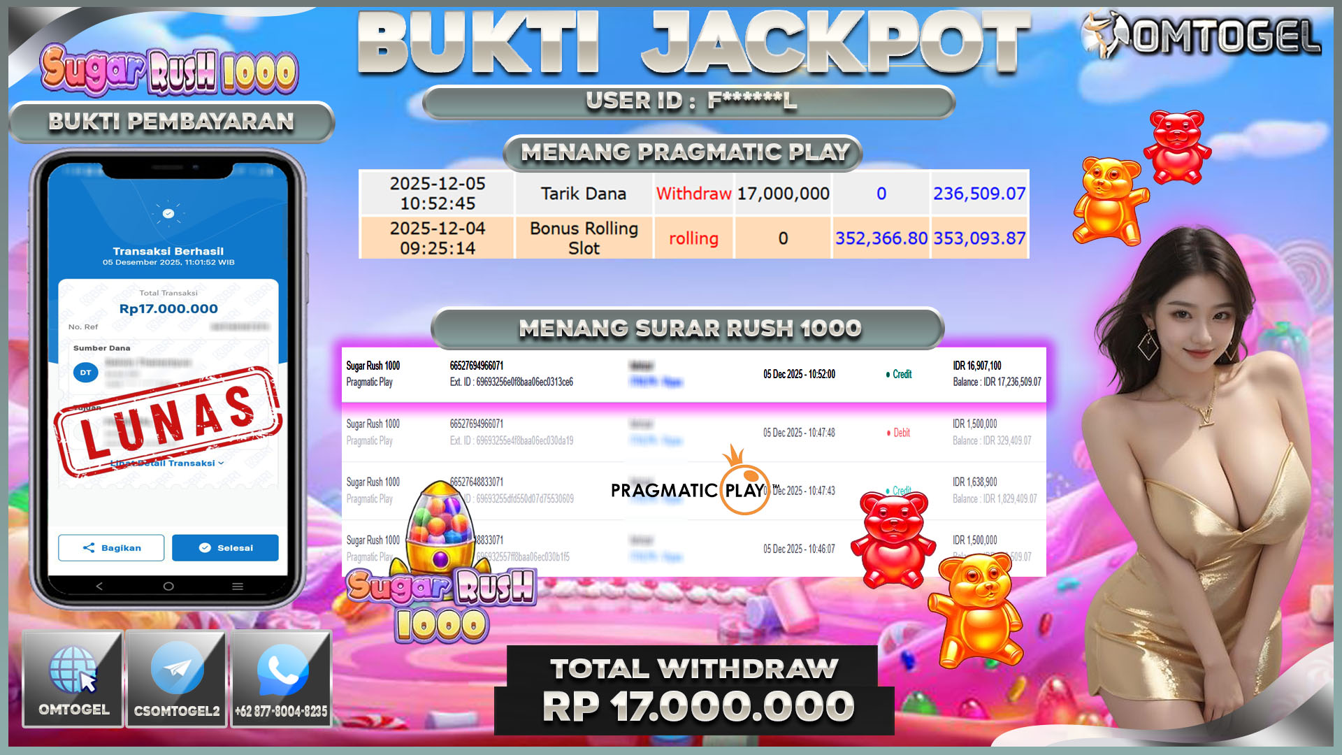 OMTOGEL JACKPOT PRAGMATIC PLAY SUGAR RUSH 1000, 17 JUTA DI BAYAR LUNAS ,-