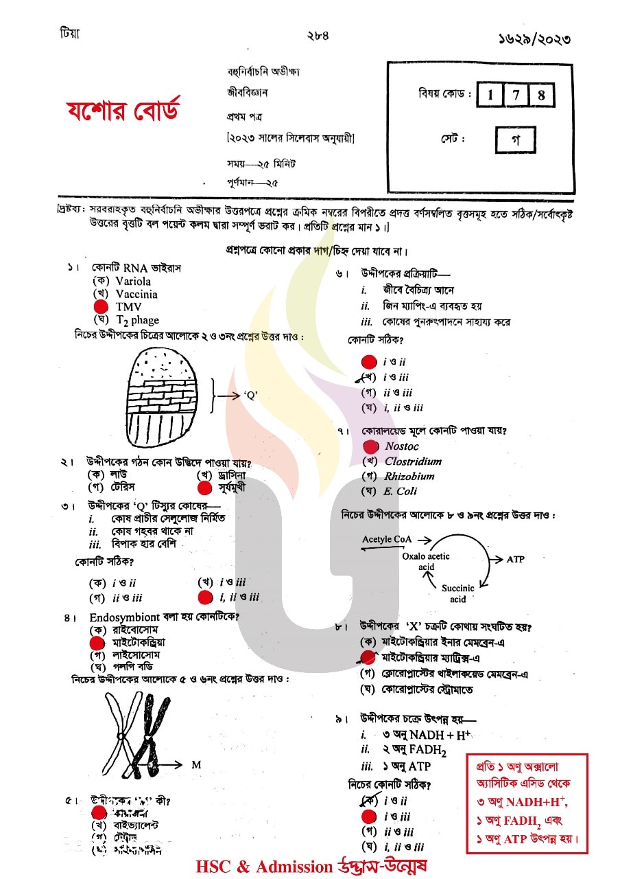 যশোর বোর্ড এইচএসসি জীববিজ্ঞান ১ম পত্র MCQ প্রশ্ন সমাধান ২০২৩