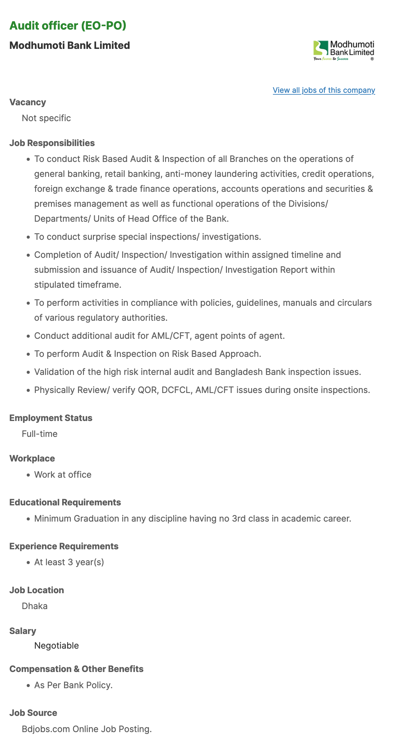 Modhumoti Bank Job Circular 2023