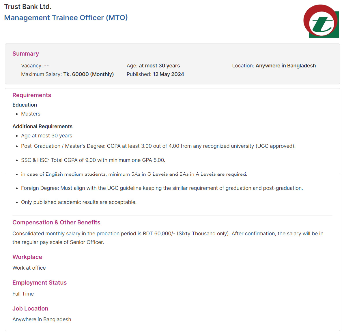 Trust bank Limited Job Circular
