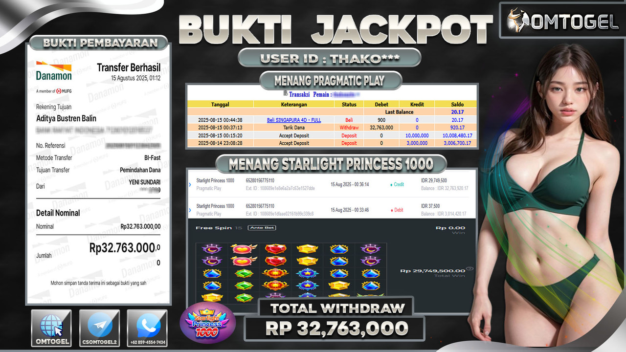 OMTOGEL JACKPOT PRAGMATIC PLAY STARLIGHT PRINCESS 1000 32 JUTA DI BAYAR LUNAS ,-