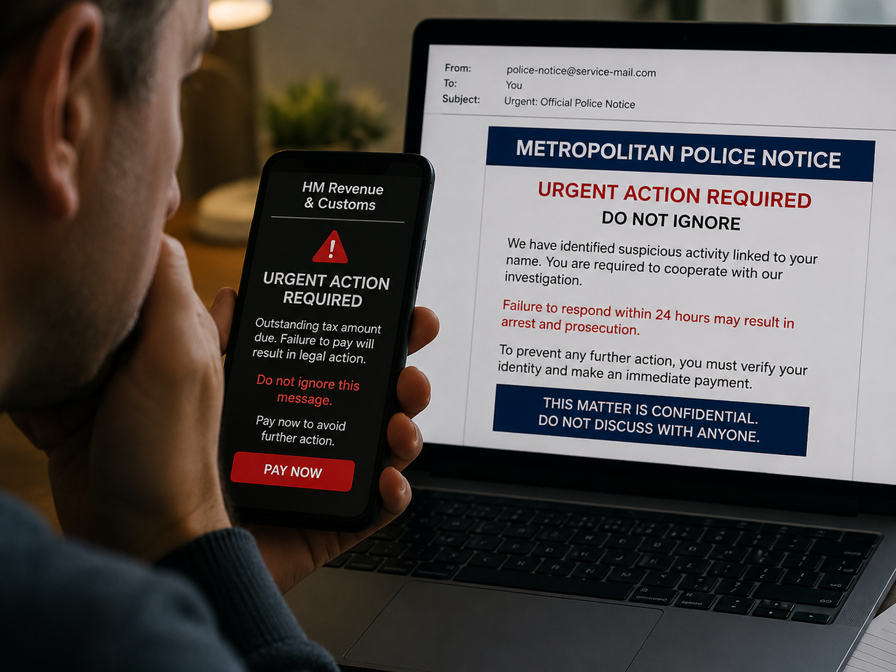 Fake HMRC or police message demanding urgent payment or secrecy