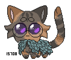 Nova as the tbh autism creature meme. Nova is a brown and orange tortie with purple eyes, glasses and a cloak made of leaves.