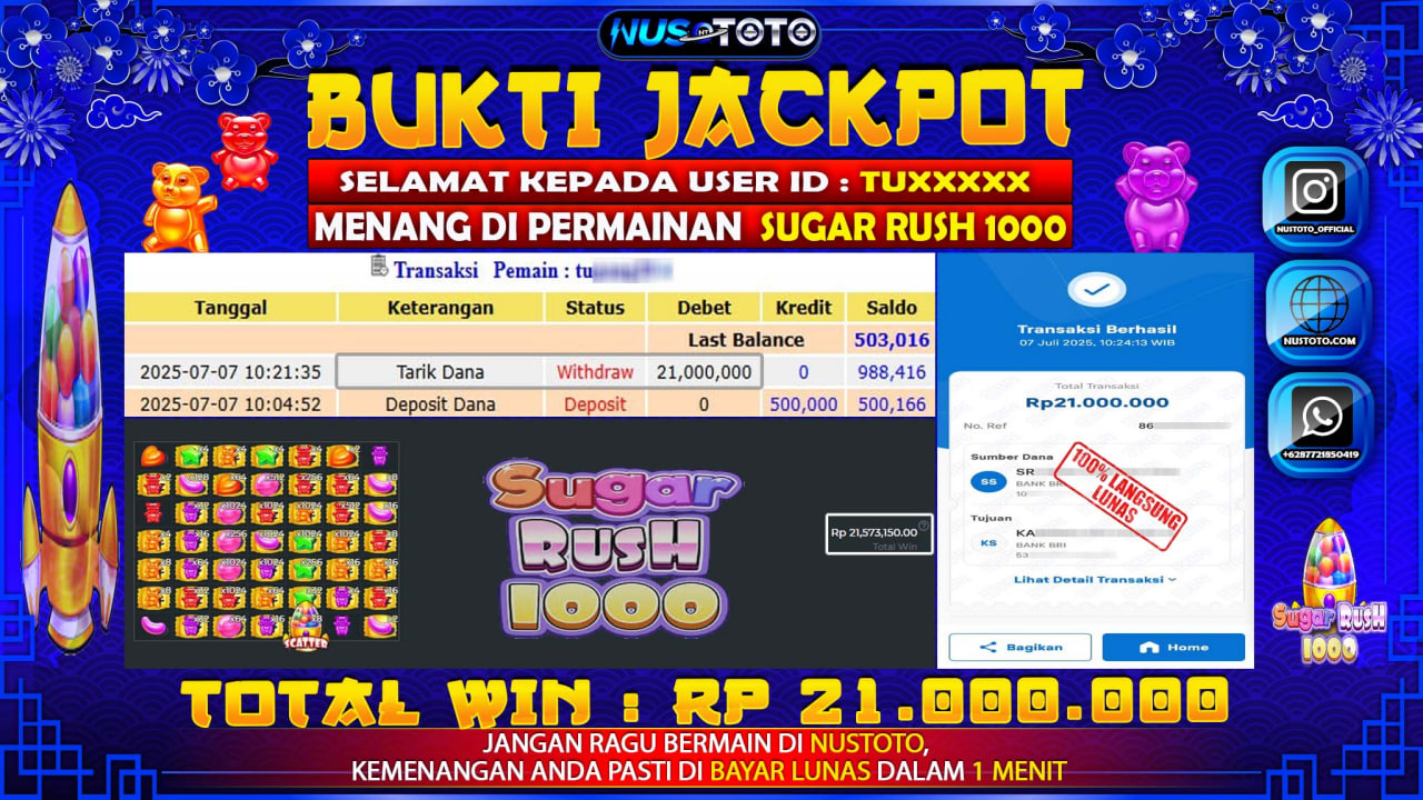 JACKPOT !! MENANG BESAR DI SLOT SUGAR RUSH 1000 Rp. 21.000.000 LANGSUNG DI BAYAR LUNAS NUSTOTO !!