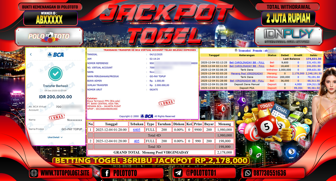 POLOTOTO JACKPOT TOGEL MENANG POOL VIRGINIADAY Rp.2.000.000,- LUNAS