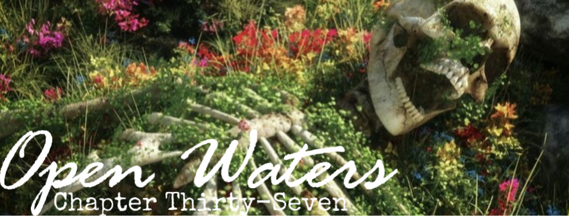 Chapter Thirty Seven: A skeleton being overgrown by grass and flowers. 