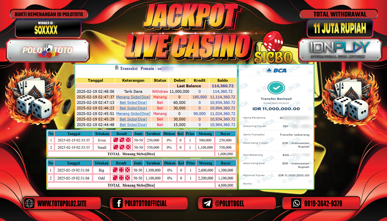 POLOTOTO JACKPOT LIVE CASINO SICBO Rp.11.000.000,-