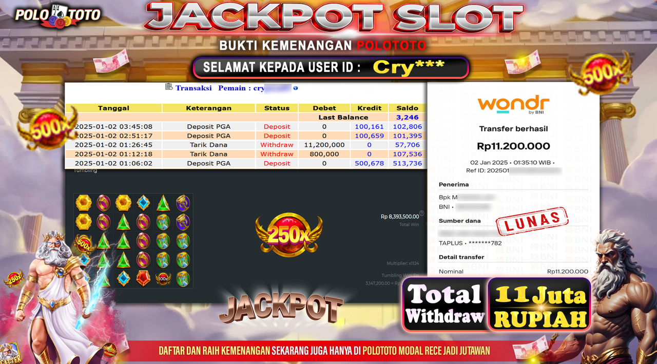 POLOTOTO JACKPOT SLOT GATES OF OLYMPUS Rp.11,000.000,-