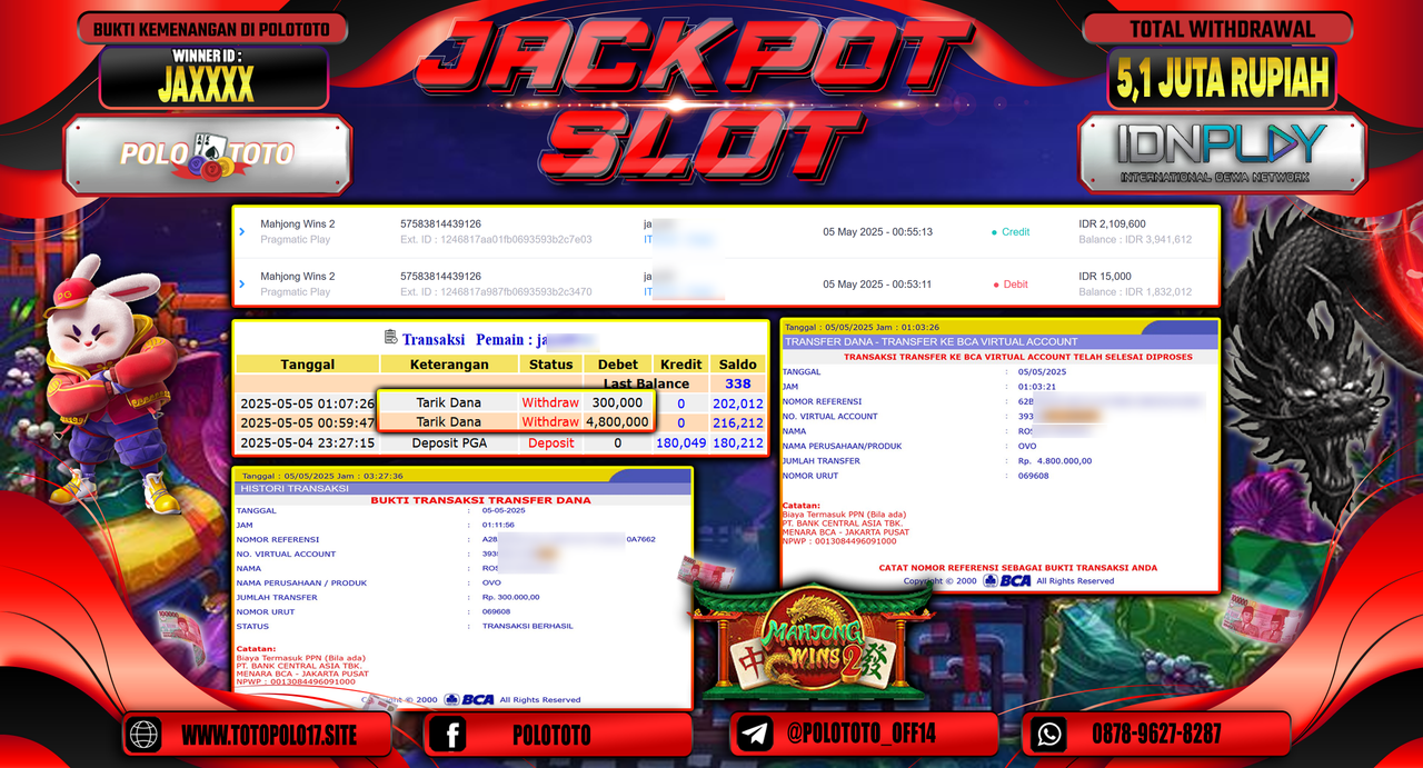 POLOTOTO JACKPOT SLOT MAHJONG WINS 2 Rp.5.100.000,-