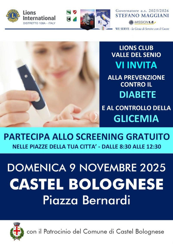 Screening gratuito per la prevenzione del diabete Domenica 9 novembre in Piazza Bernardi