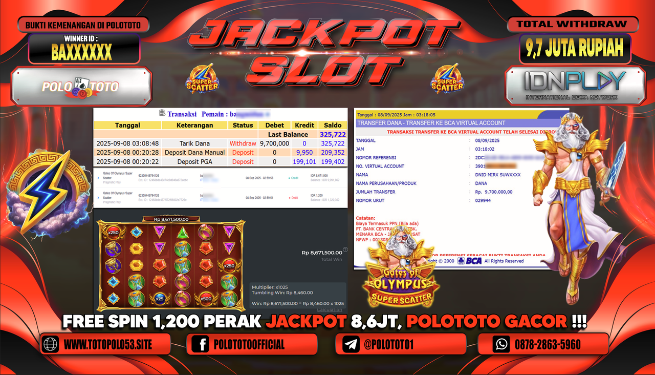 POLOTOTO JACKPOT SLOT GATES OF OLYMPUS SUPER SCATTER Rp.9.700.000,-