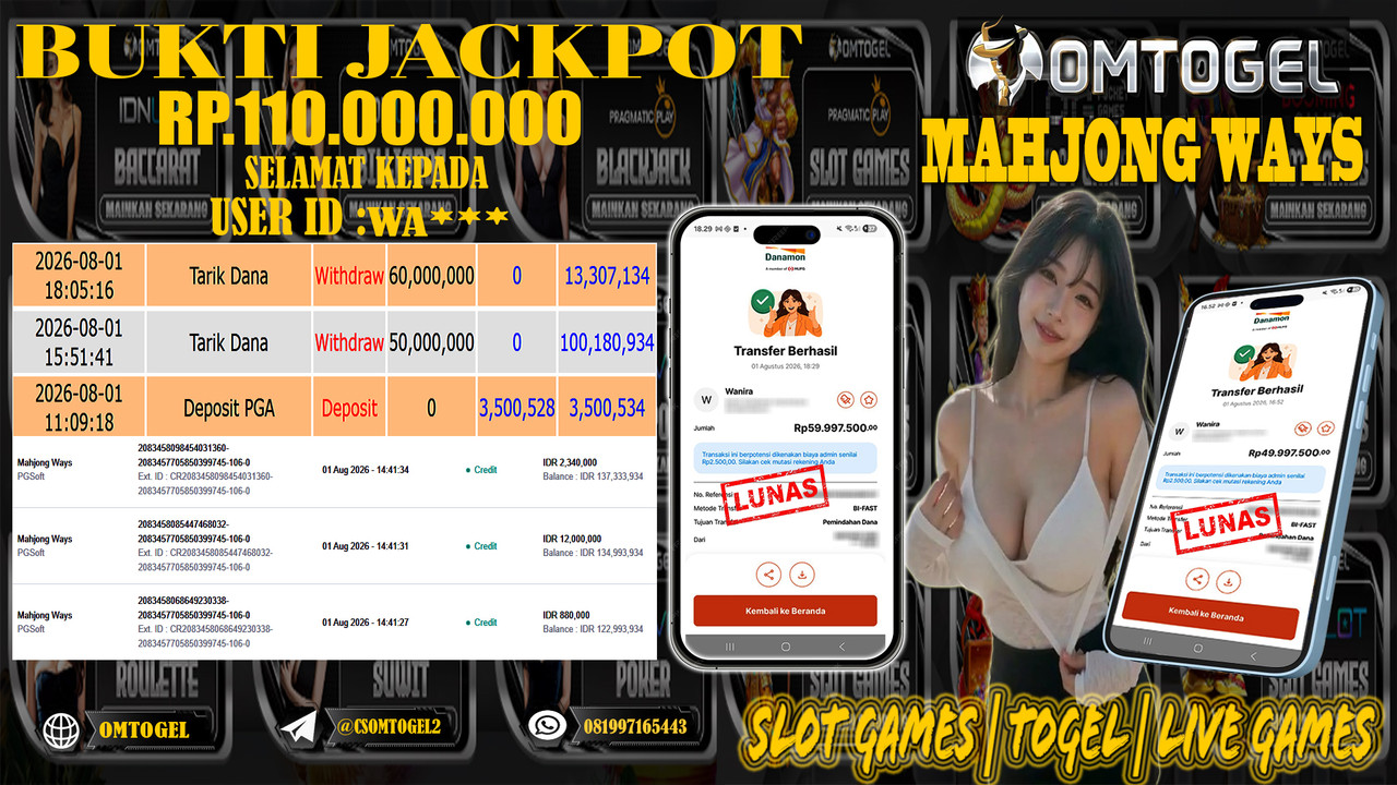 OMTOGEL JACKPOT PG SOFT MAHJONG WAYS Rp,110,000,000,- DIBAYAR LUNAS