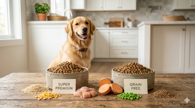 Comparação visual entre ração super premium comum e ração grain free para cães com ingredientes ao lado
