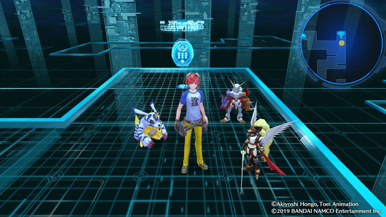 A screenshot from Digimon Story: Cyber Sleuth that shows the player standing with Gabumon and two other digimon.