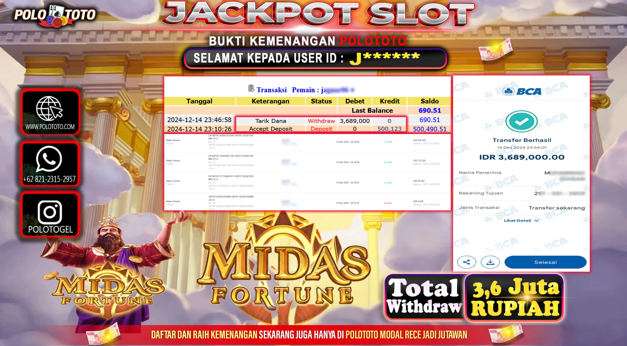 POLOTOTO JACKPOT SLOT MIDAS FORTUNE Rp.3,689.000,-