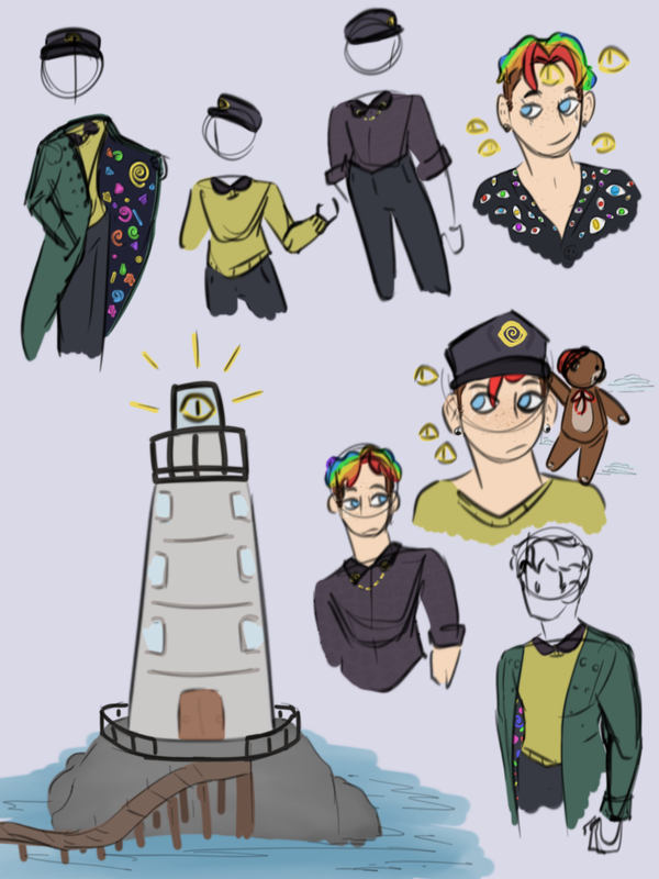 some doodles of new outfit ideas for Peach, mostly based around a sea/lighthouse keeper vibe, with a drawing of the lighthouse in the corner.