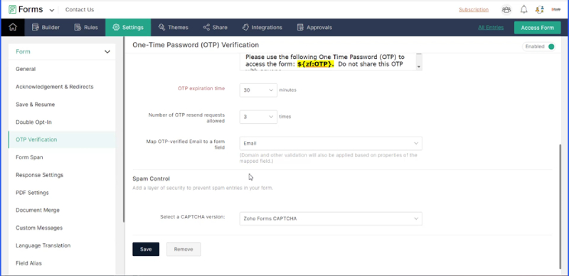 Locate the OTP Verification Settings and Enable SMS Verification