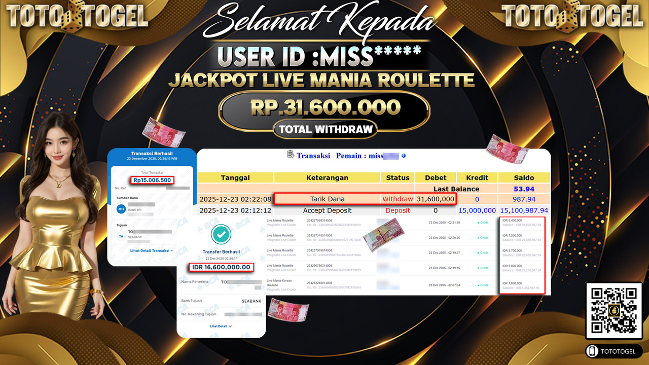 Bukti Pembayaran Jackpot Permainan Pragmatic Live Live Mania Roulette ID:MISS**** LUNAS