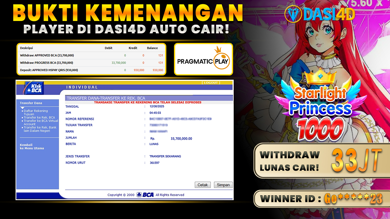 BUKTI KEMENANGAN 12 JUNI 2025 DI STARLIGHT PRINCESS 1000 WD 33 JUTA