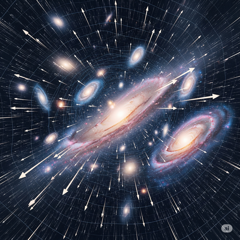 Pie chart illustrating the cosmic composition: 68% dark energy, 27% dark matter, 5% ordinary matter.
