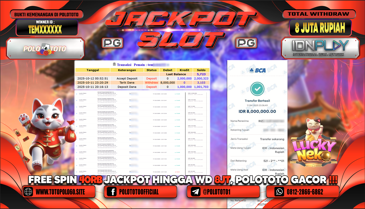 POLOTOTO JACKPOT SLOT LUCKY NEKO Rp.8.000.000,- LUNAS