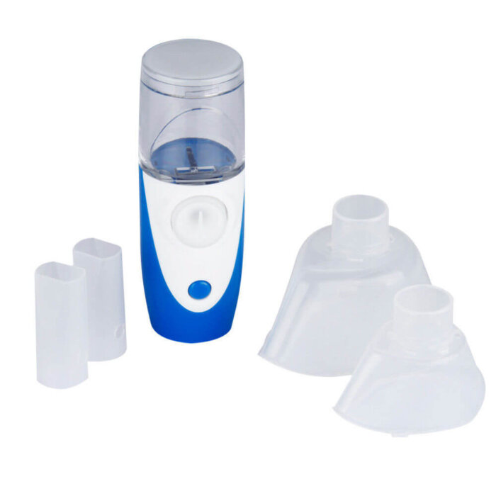 Nebulizador portátil ultrasónico de color blanco, diseño compacto.