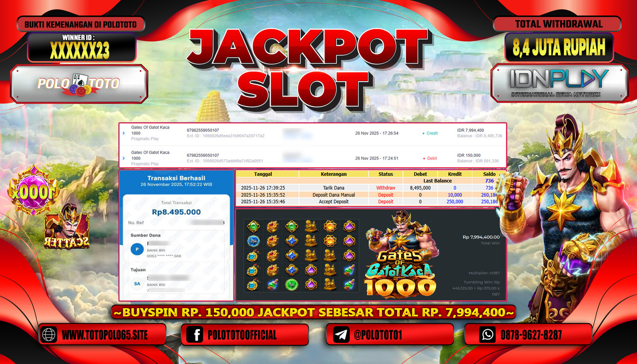 POLOTOTO JACKPOT SLOT GATES OF GATOT KACA 1000 Rp.8.400.000,- LUNAS