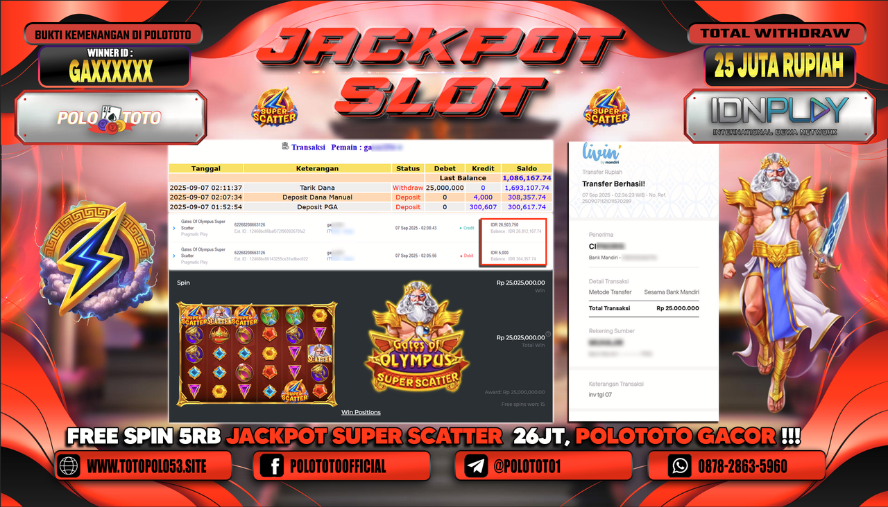 POLOTOTO JACKPOT SLOT GATES OF OLYMPUS SUPER SCATTER Rp.25.000.000,-
