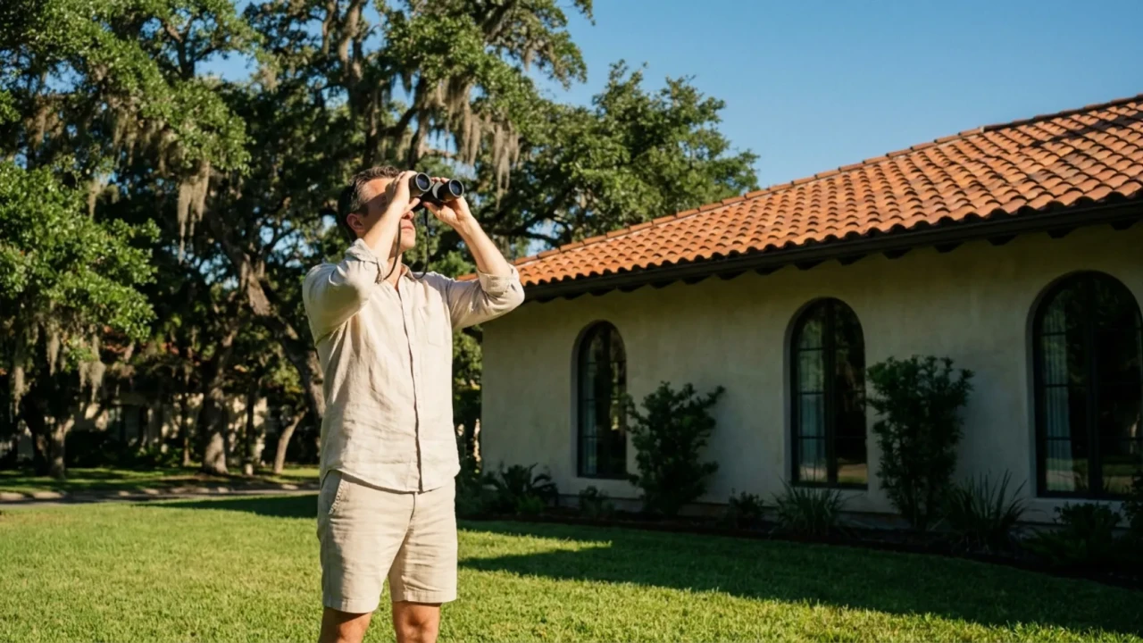 Homeowner safely inspecting roof from ground level in San Antonio