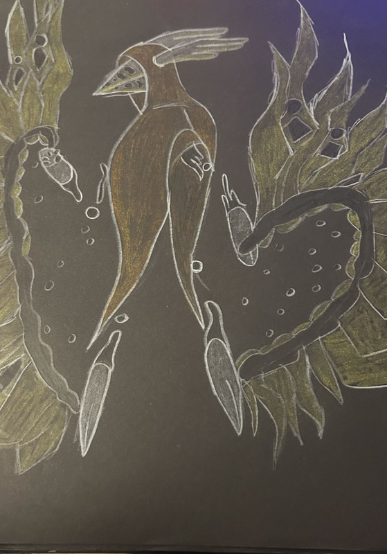 Concept art for a character within The Knight in Ichor Armor. A bodyless figure wearing an orange cloak, with a sharp visor over its face, wings protruding from the back of the hood. It has wings made of brass held together by tar attached to its disembodied hands and feet, more of this tar floating where the arms and legs would typically be.