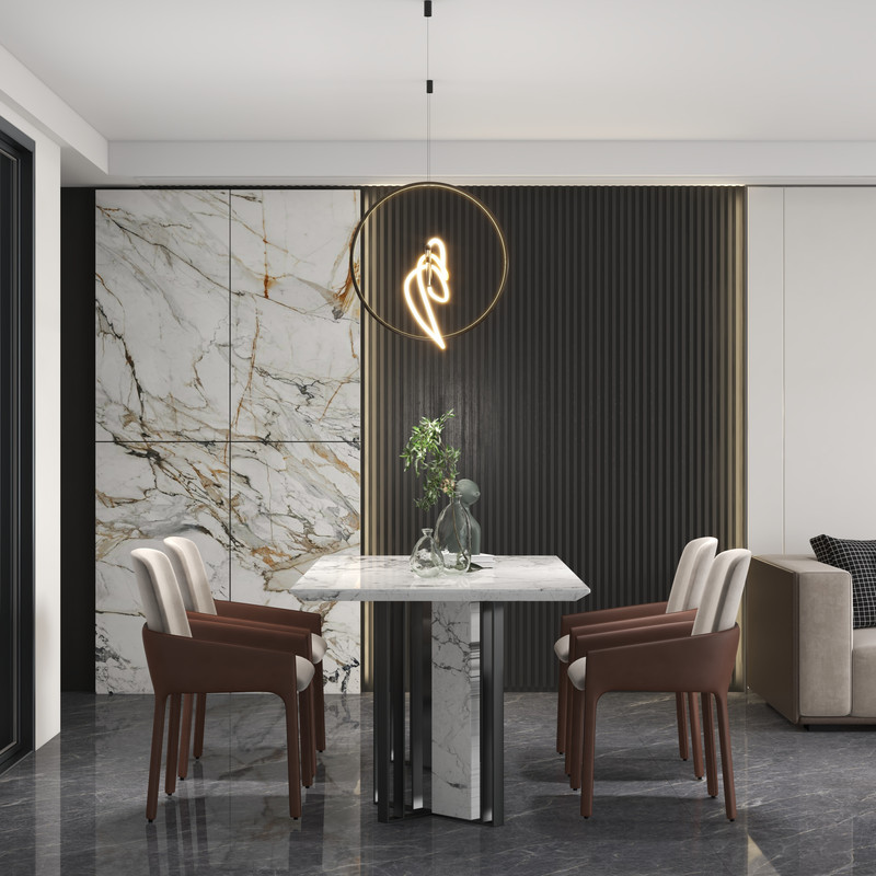 Contemporary Dining Room Design with Marble Table and Accent Wall