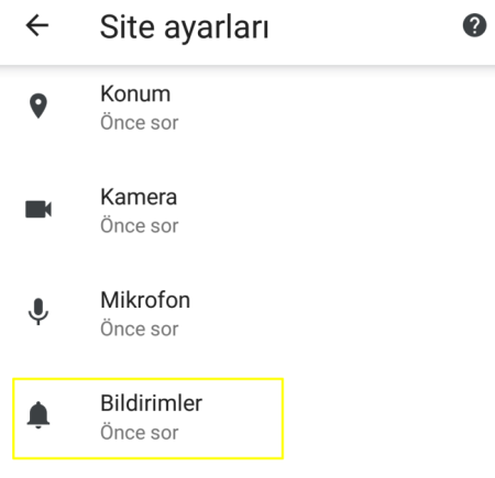 Mobil Chrome bildirim engelleme -  site ayarları bildirimler