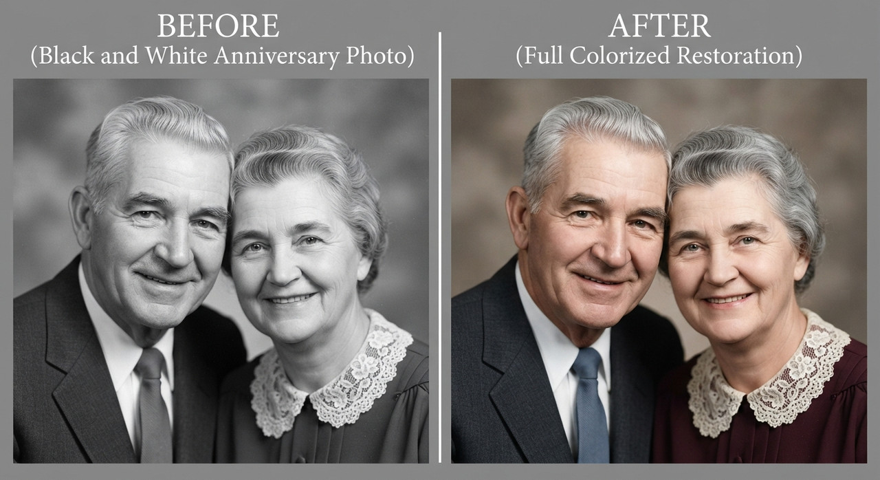 AI-generated example result for the upscaling prompt: Monochrome Portrait to Vivid Color Old Image to New Image by Prompt Craft
