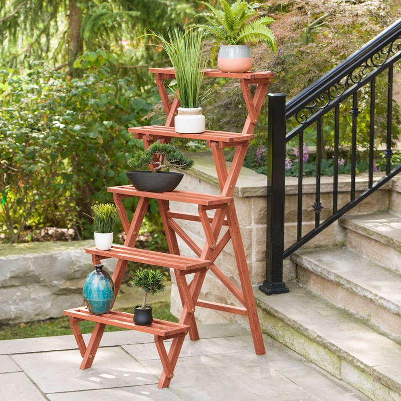 5-Tier Wooden Plant Stand Outdoor Ladder Pot Holder Display Rack A
