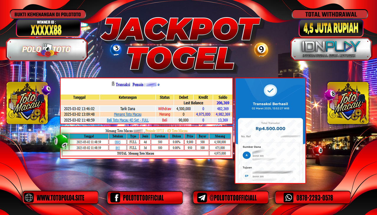 POLOTOTO JACKPOT TOGEL TOTO MACAU 4D Rp.4.500.000,-