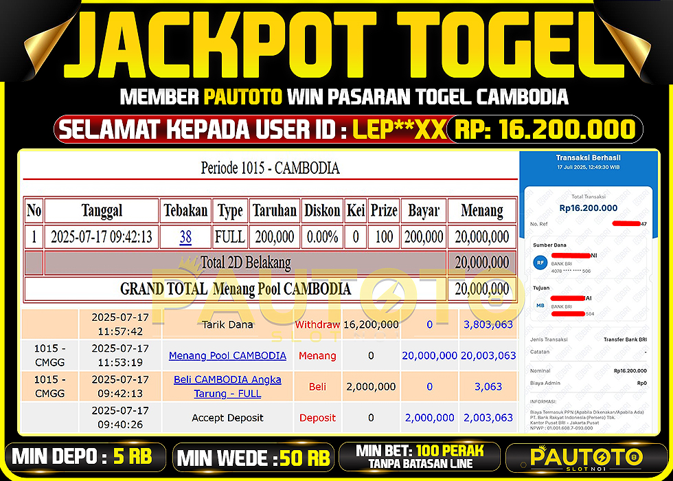 BUKTI PEMBAYARAN TGL 17 JULY 2025 MENANG DI PASARAN CAMBODIA TOTAL WD 16 JUTAAN