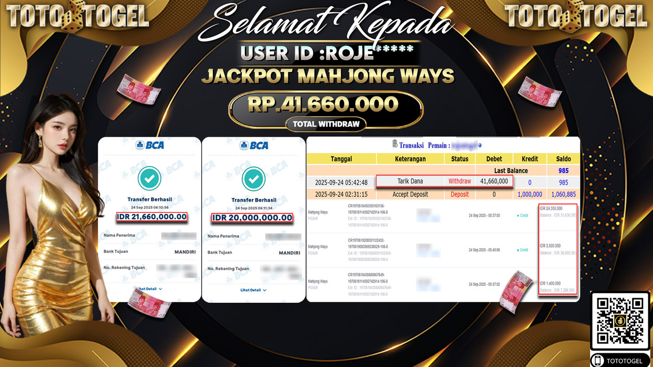 Bukti Pembayaran Jackpot Permainan Slot Mahjong Ways ID:ROJE*** LUNAS