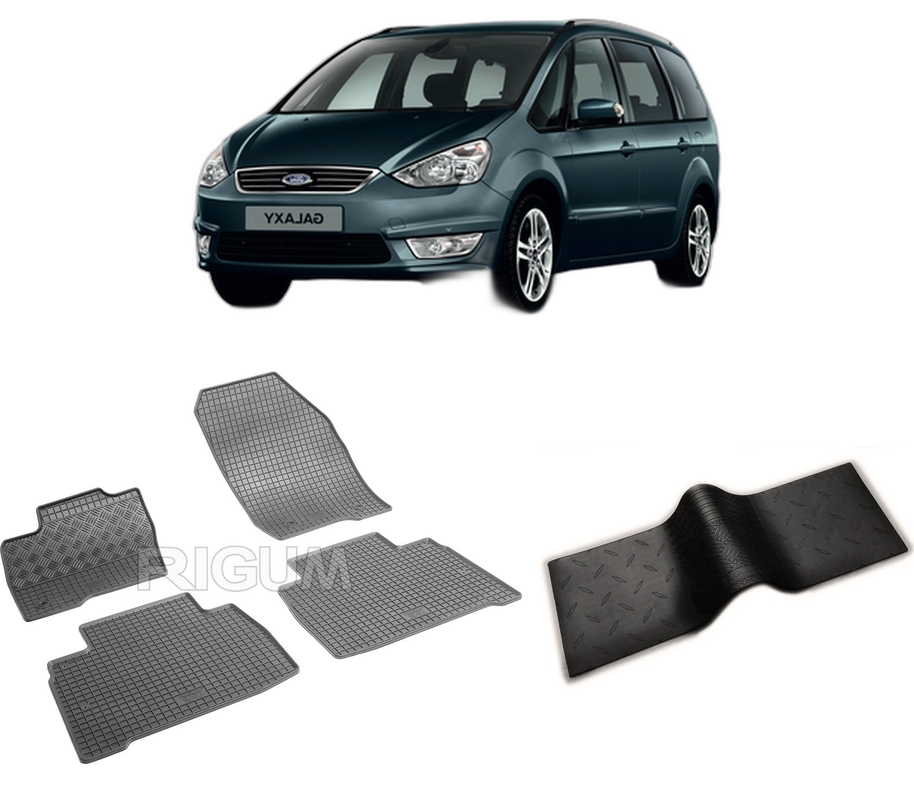 Set covorase auto FORD GALAXY III din 09.2015-PREZENT, cu covoras tunel median, CAROSERIE VAN, Presuri cauciuc 100%, compatibil cu autoturismul FORD GALAXY III, Rigum