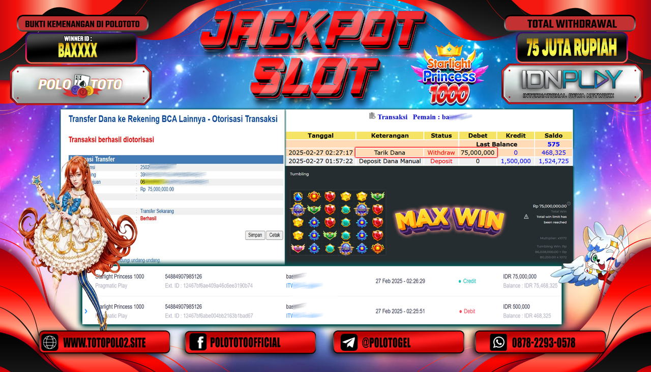 POLOTOTO JACKPOT SLOT STARLIGHT PRINCESS 1000 Rp.75.000.000,-
