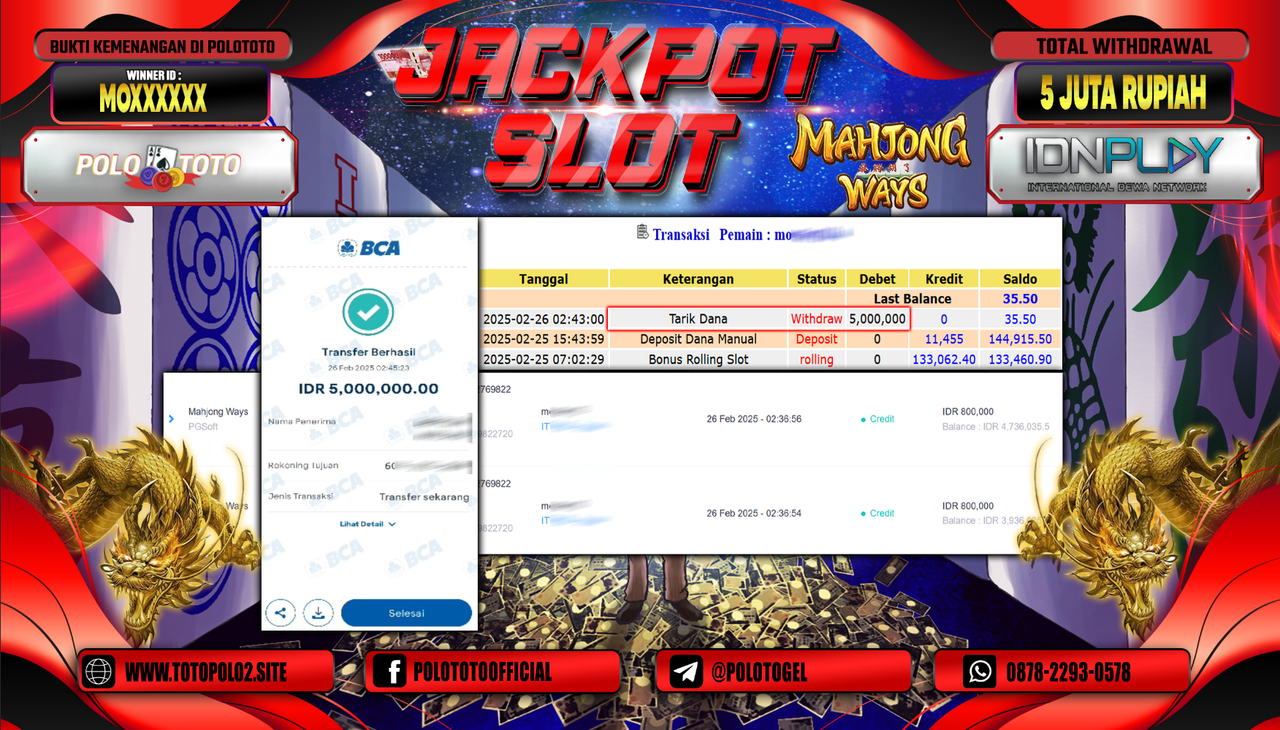 POLOTOTO JACKPOT SLOT MAHJONG WAYS Rp.5.000.000,-