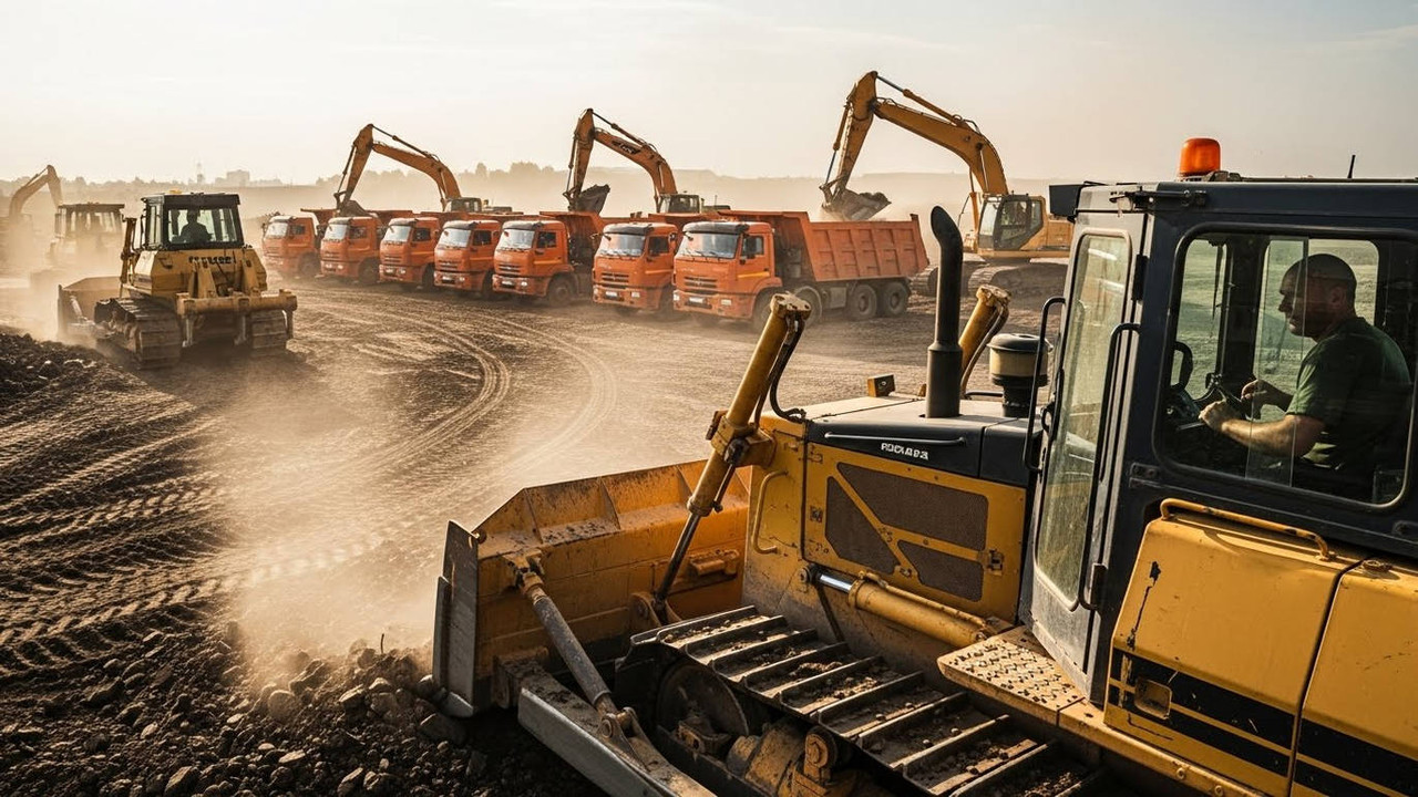 Арендованная тяжелая техника на стройке с машинистом