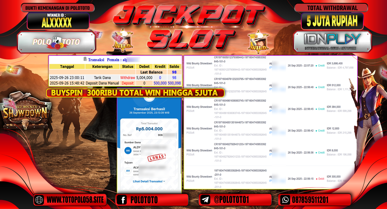 POLOTOTO JACKPOT SLOT WILD BOUNTY SHOWDOWN Rp.5.000.000,- LUNAS