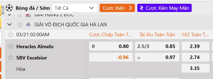 Tỷ lệ kèo&nbsp;Heracles Almelo vs SBV Excelsior