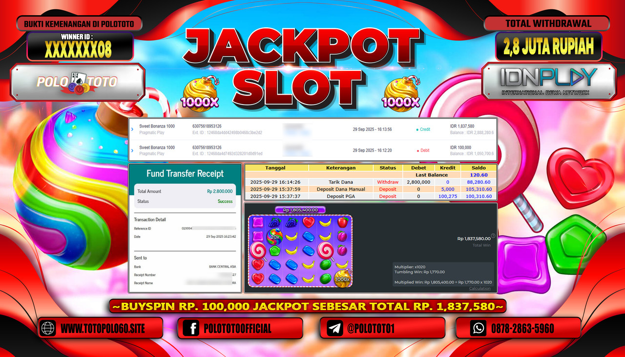 POLOTOTO JACKPOT SLOT SWEET BONANZA 1000 Rp.2.800.000,- LUNAS