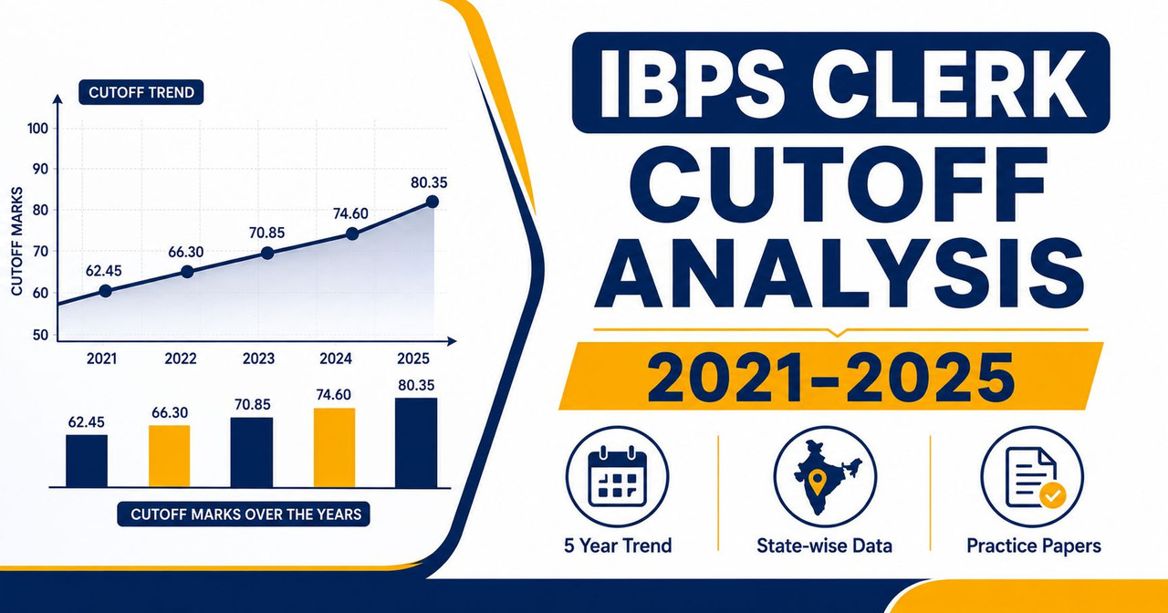IBPS Clerk Previous Year Cutoff Analysis 2021-2025 IBPS Clerk previous year cutoff trend analysis and practice papers infographic showing 5 years of prelims and mains data